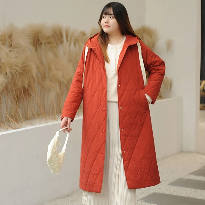 酒窝桃子大码长款菱格棉服女显瘦连帽抽绳宽松版胖mm冬季新款