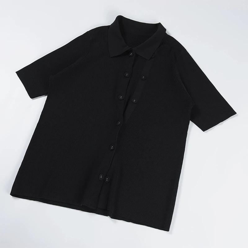 03017大码双排扣针织衫短袖错扣设计冰丝面料V领遮拜拜肉百搭