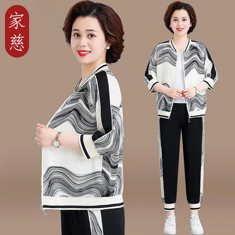 中年妈妈装夏装运动服套装2024新款外套中老年人女夏季洋气上衣服