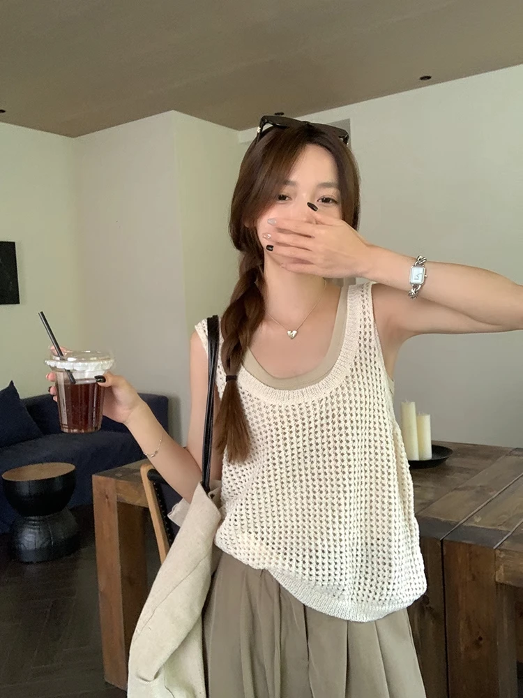 设计感镂空短款针织吊带背心女夏小个子宽松辣妹叠穿小众薄款韩版