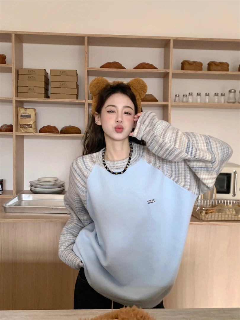 小众撞色拼接条纹长袖针织衫毛衣女秋季设计感慵懒风宽松显瘦上衣