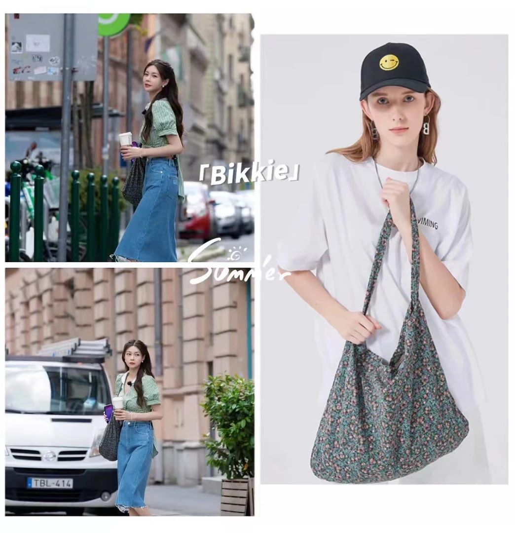 BIKKIE 薄荷碎花-小众设计小清新碎花布袋百搭新款单肩包女