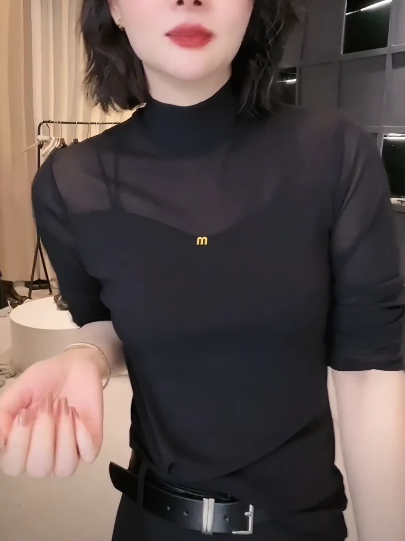 【90-190斤】早秋圆领新款时尚百搭设计感显瘦网纱长袖上衣女D1539#