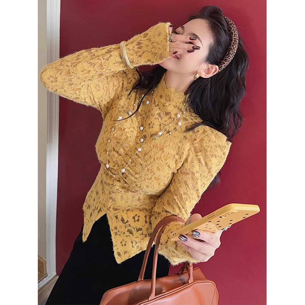 法式秋冬复古气质名媛长袖显瘦镂空设计感蕾丝衬衫小众时尚D1557#