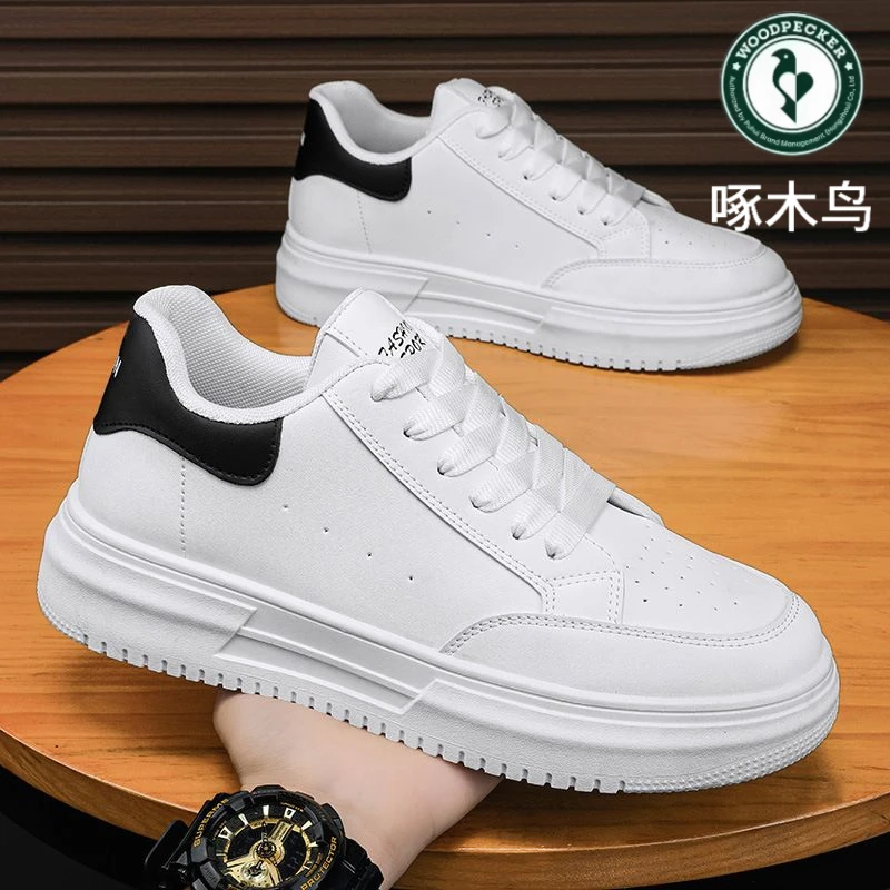 啄木鸟男鞋春季休闲运动平板鞋青少年潮牌跑步皮面小白低帮潮鞋子