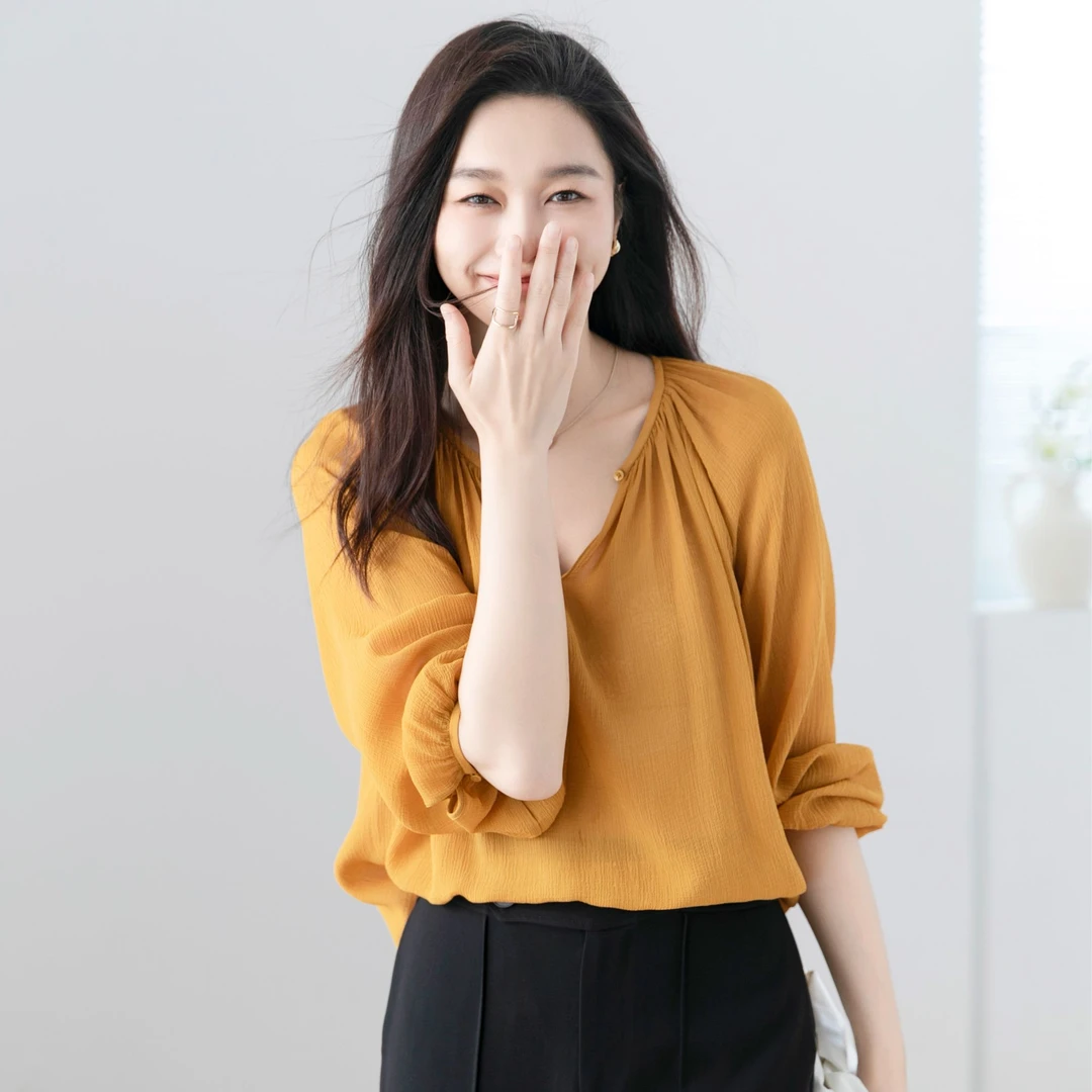 火桐hooton重磅16姆米顺纡绉长袖宽松衬衫上衣女YT2097