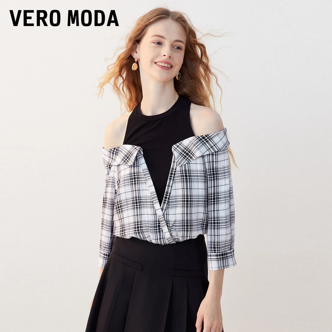 1041【金拐子专属】Vero Moda上衣2023一字肩针织格纹323358005