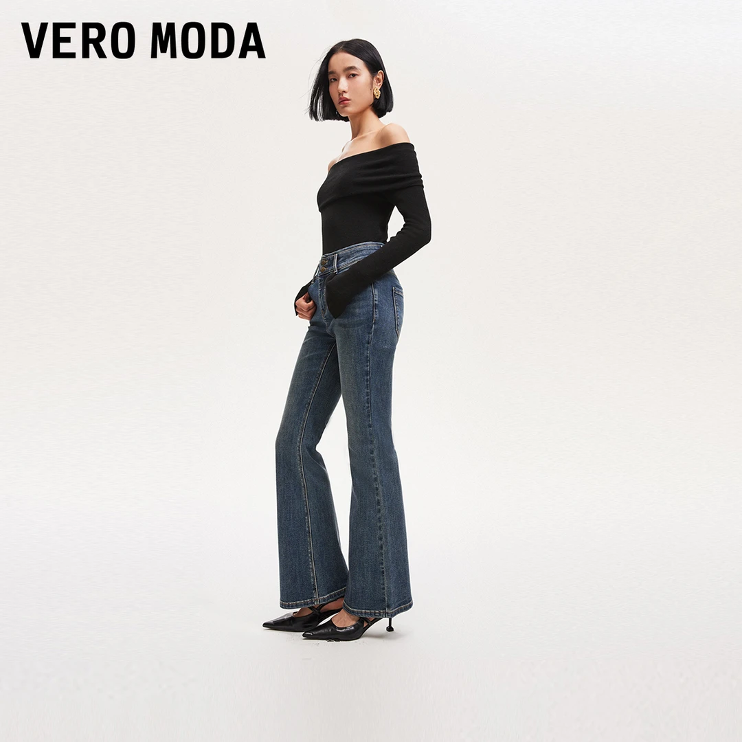 Vero Moda牛仔裤小众洋气女装高腰提臀猫须水洗做旧325132027