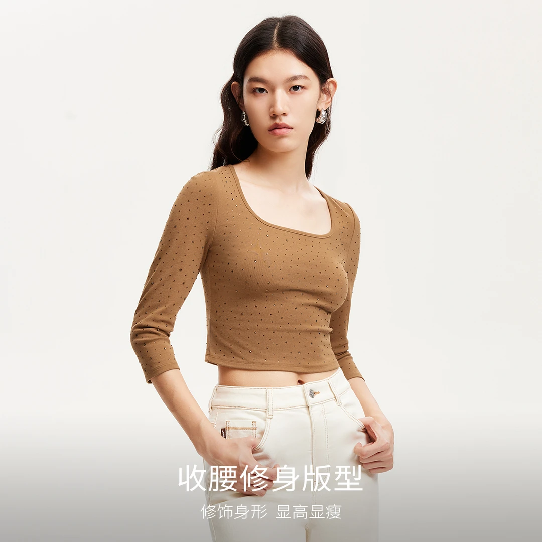 【达人推荐】Vero ModaT恤方领七分袖水钻装饰长袖324330018