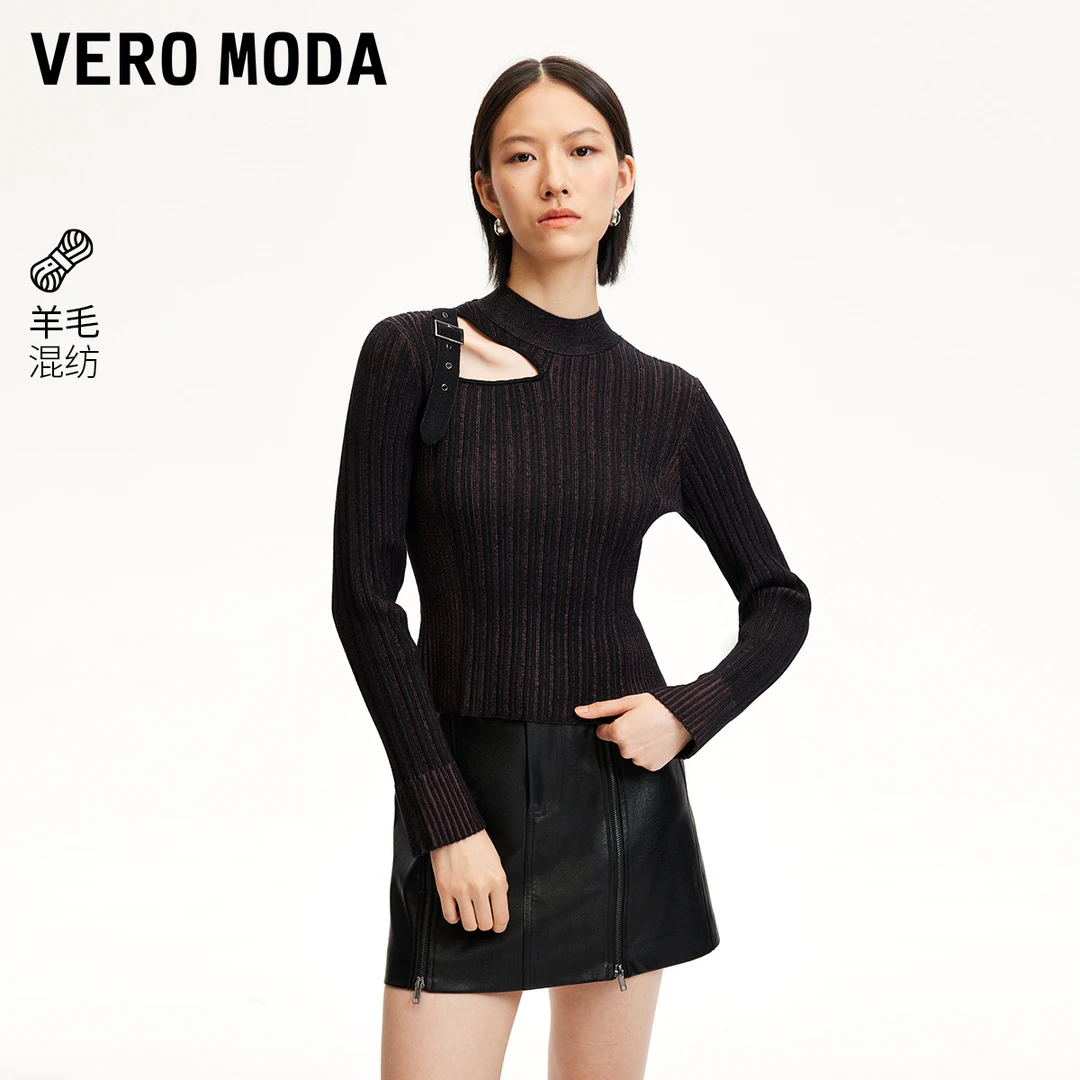 【达人专属】Vero Moda针织衫肩部挖空绑带竖坑条针织衫324413021