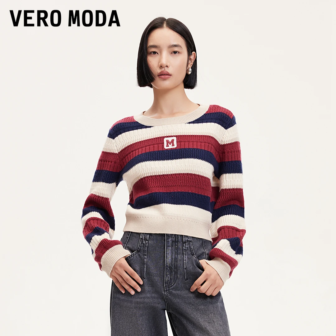 Vero Moda商场同款新品红针织衫气质宽松撞色条纹字母325113025