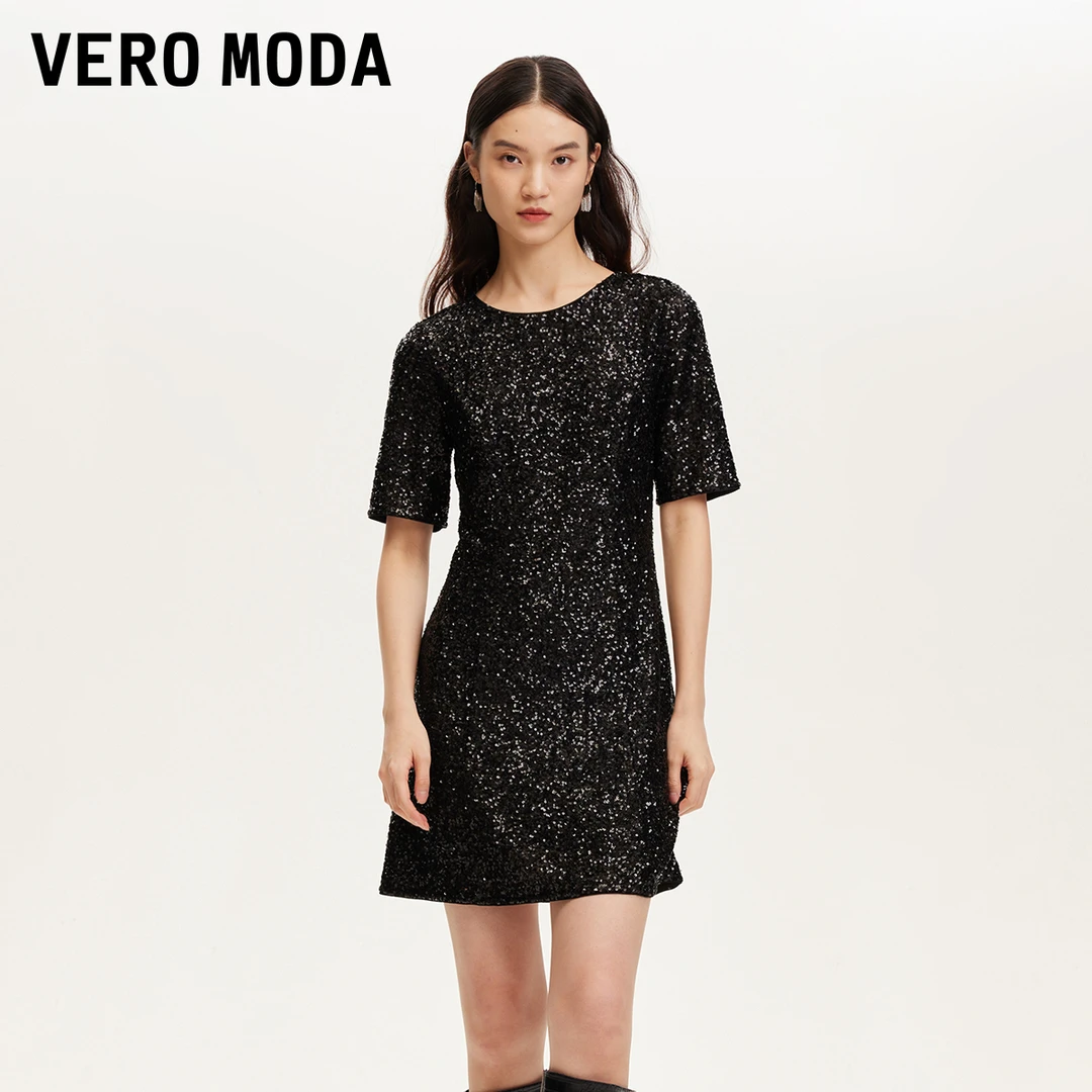 Vero Moda连衣裙女新款A版圆领优雅气质小黑裙老钱风324361044