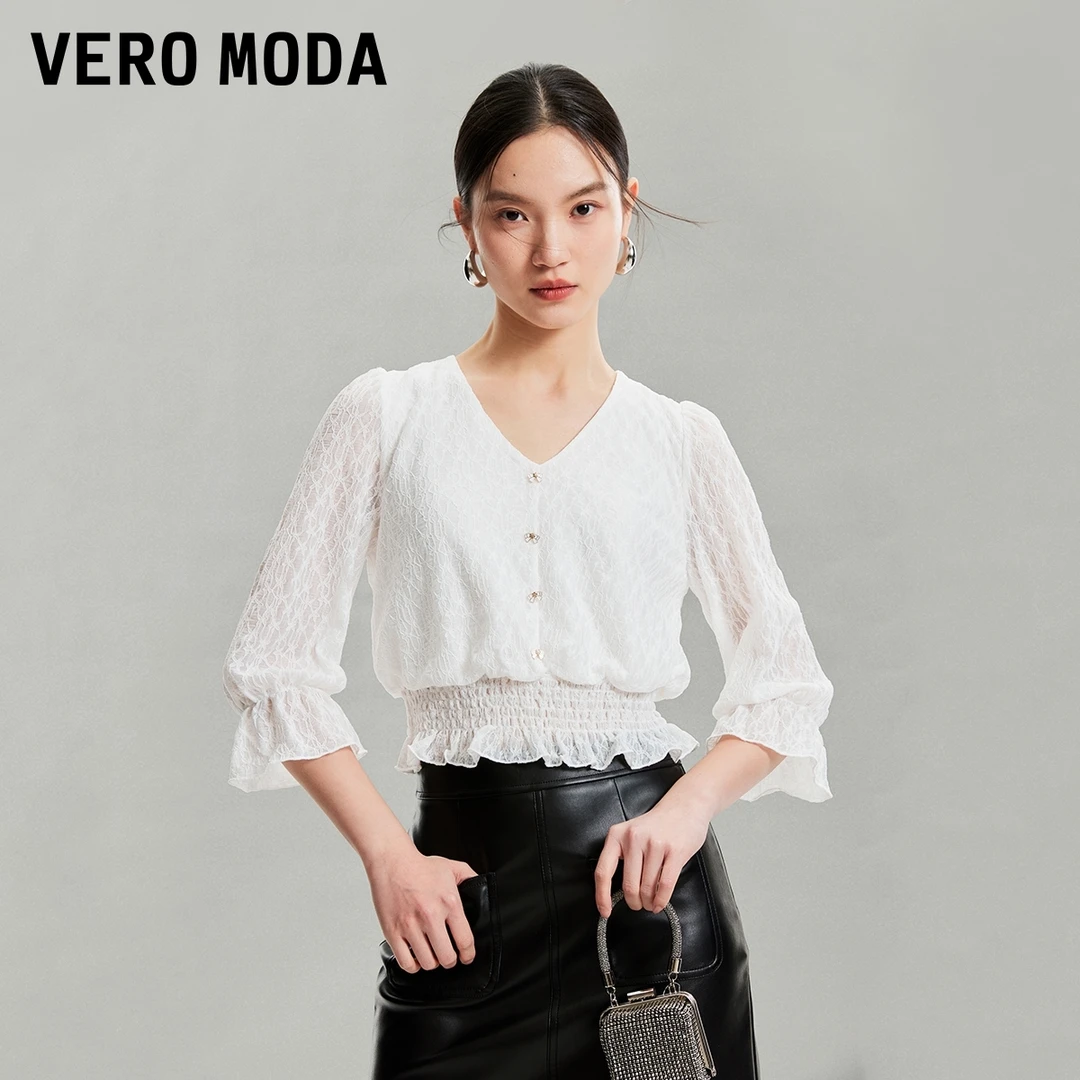 Vero Moda上衣女秋新款欧若风优雅V领七分袖松紧腰蕾丝324330001