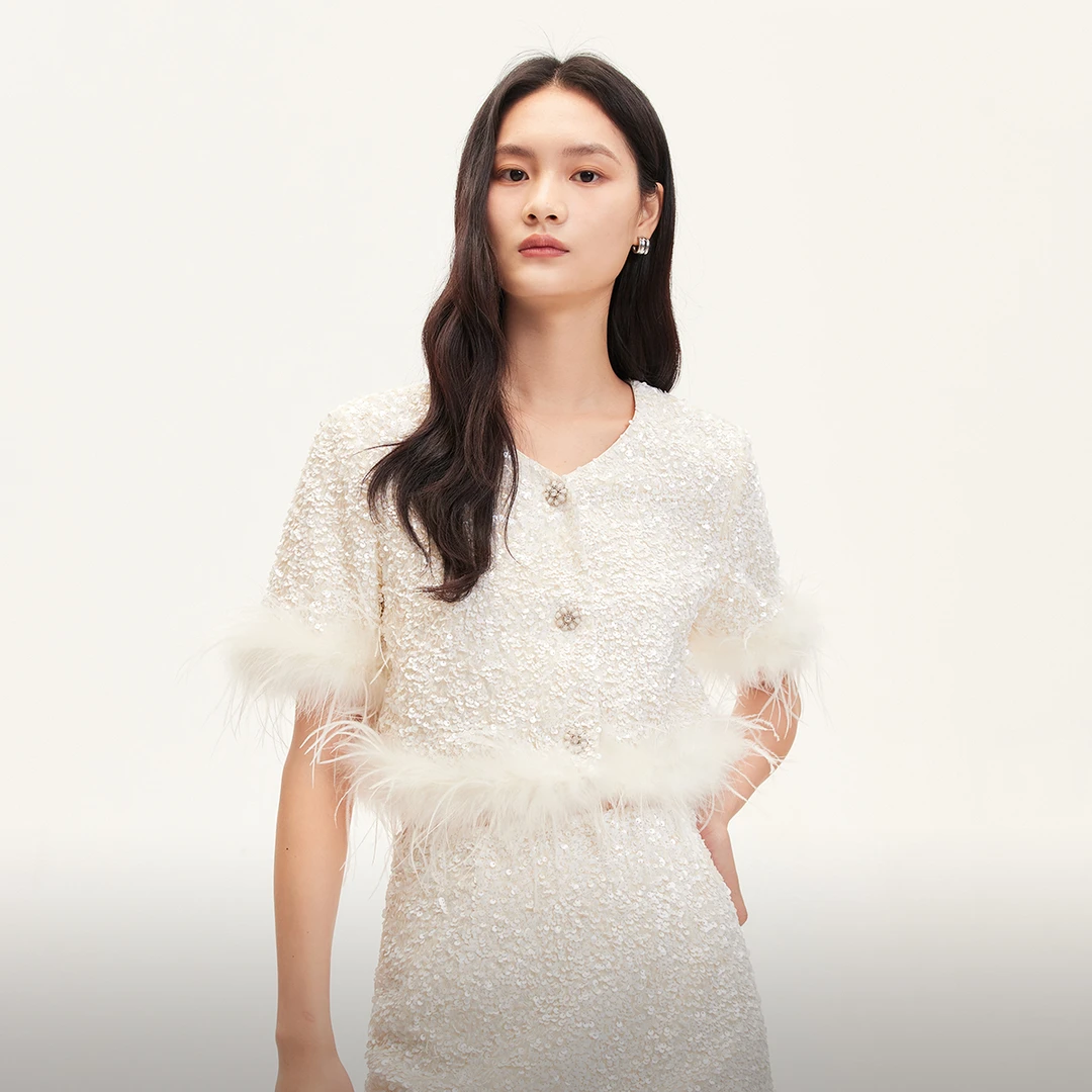 Vero Moda欧若风短外套女亮片V领羽毛装饰短款外套百搭324417002