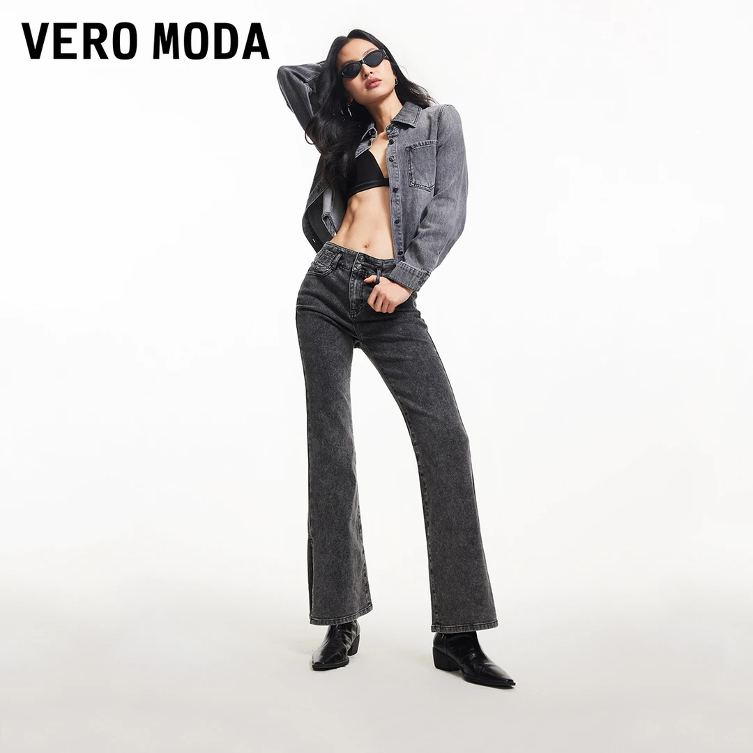 Vero Moda2024新款设计感牛仔裤微弹显瘦开叉微喇裤时髦324132034