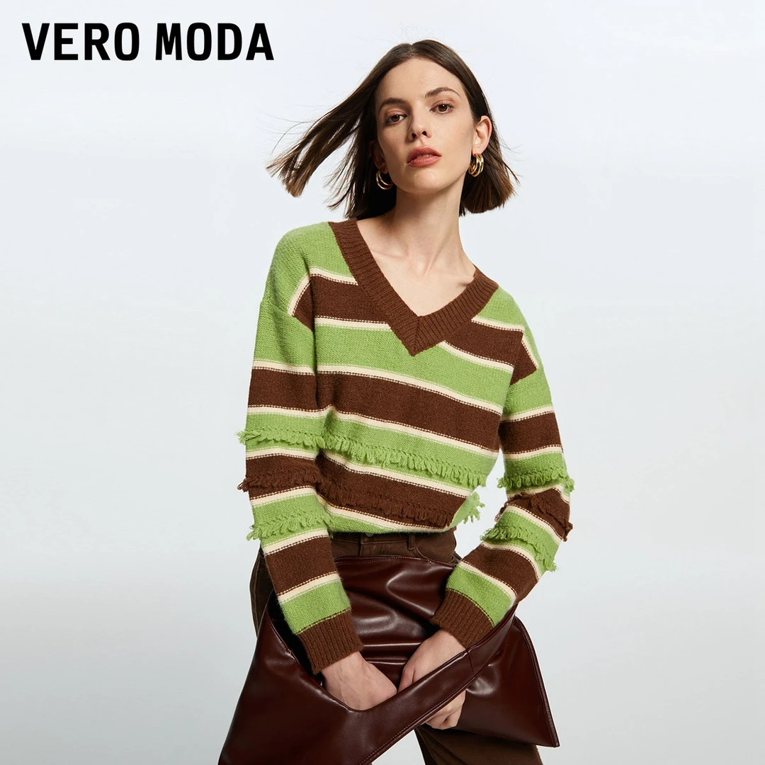 Vero Moda2024新款针织衫休闲V领撞色流苏长袖毛衣女324113037
