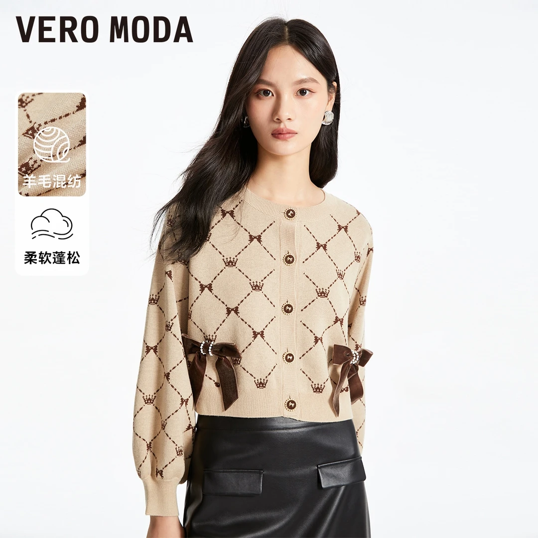 Vero Moda针织衫女商场同款新品优雅复古蝴蝶结装饰开衫325113042