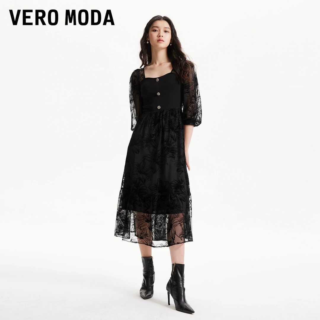【粉丝专享】Vero Moda连衣裙长裙七分袖方领气质蕾丝32417C006