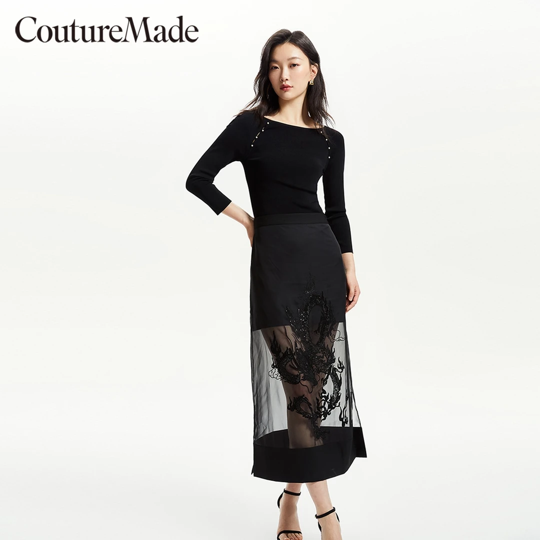 【平子专属】Vero Moda半身裙春直筒钉珠中国风新中式黑324116013