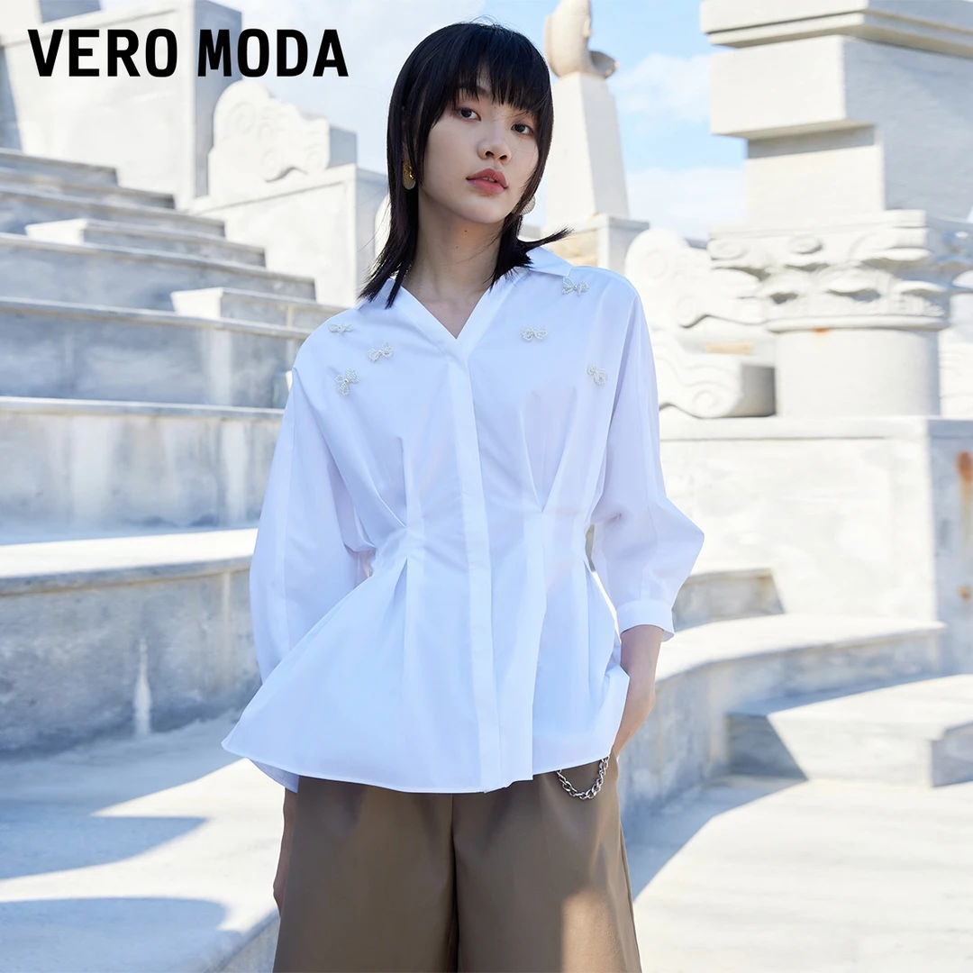 Vero Moda2024新款尤莱特24年收腰小V领翻领通勤衬衫324331007