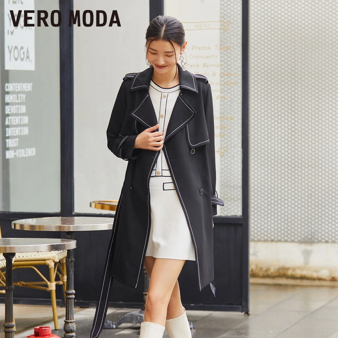 Vero Moda2024新款风衣明线装饰双排扣休闲收腰外套女324121017