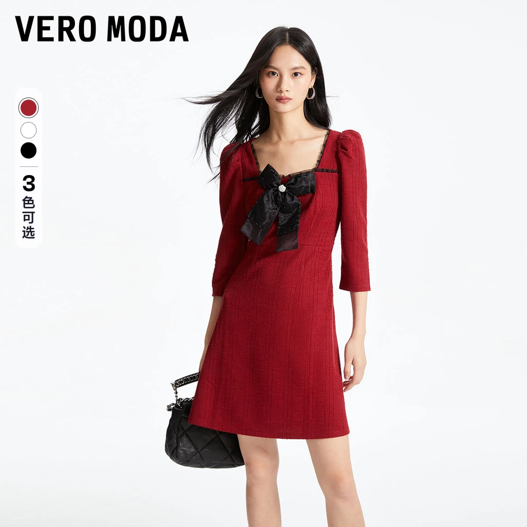 Vero Moda2024新款连衣裙小香风可拆蝴蝶结方领七分袖323361022