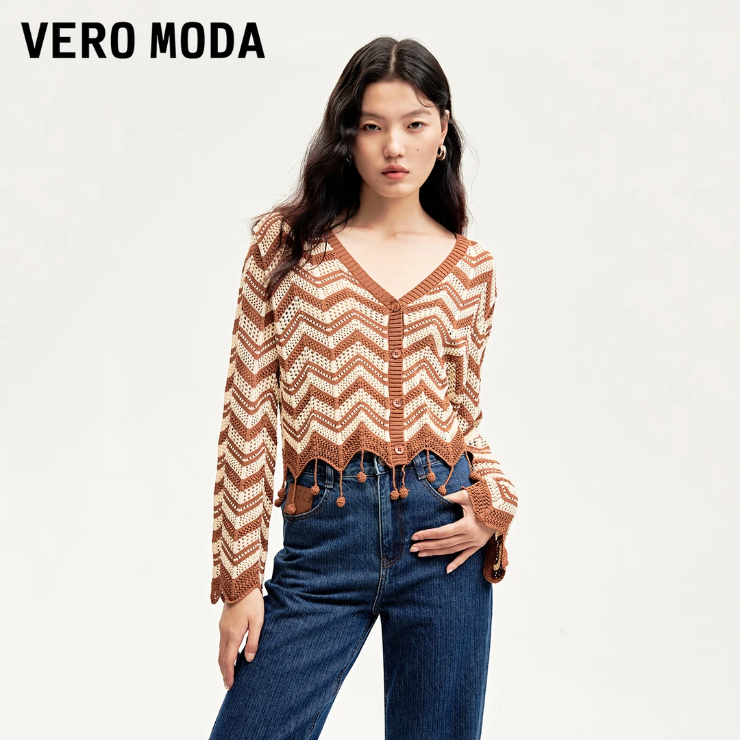 Vero Moda雅丹风新款针织衫女镂空V领短款设计感324324048