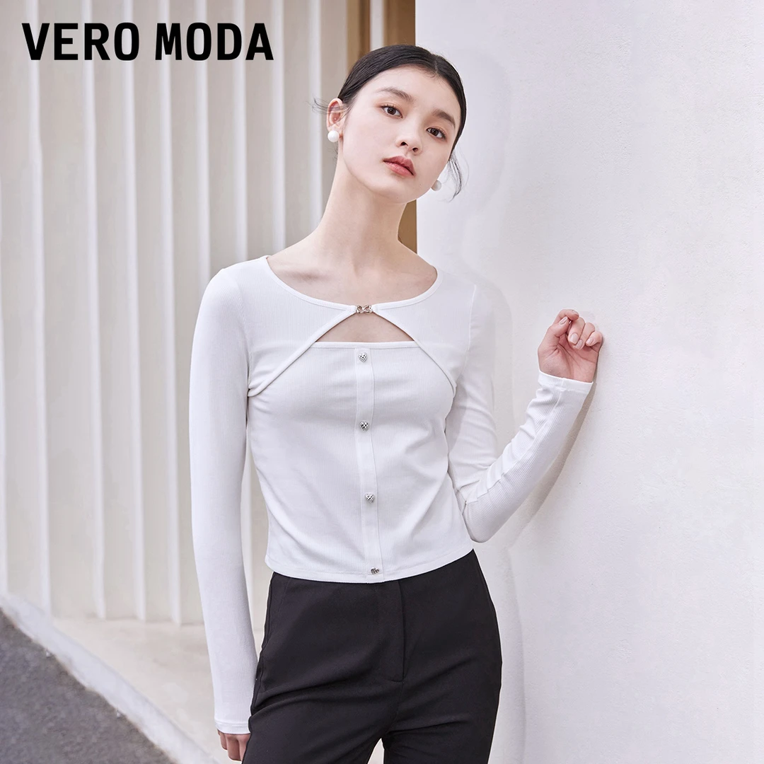 Vero Moda上衣T恤长袖V领修身弹力老钱风时尚气质百搭|323302007
