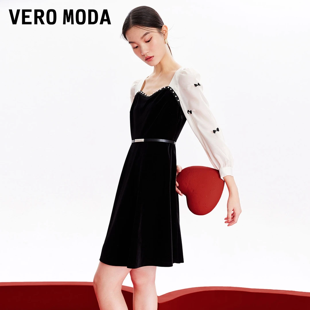 Vero Moda2024新款连衣裙秋季丝绒蝴蝶结钉珠泡泡袖A摆32337C038