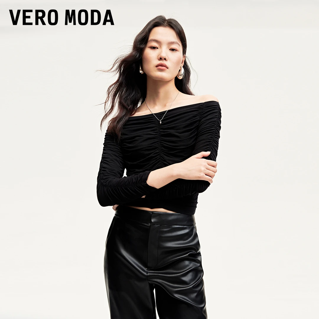 【达人专属】Vero ModaT恤修身抽褶方领上衣时尚通勤324330009