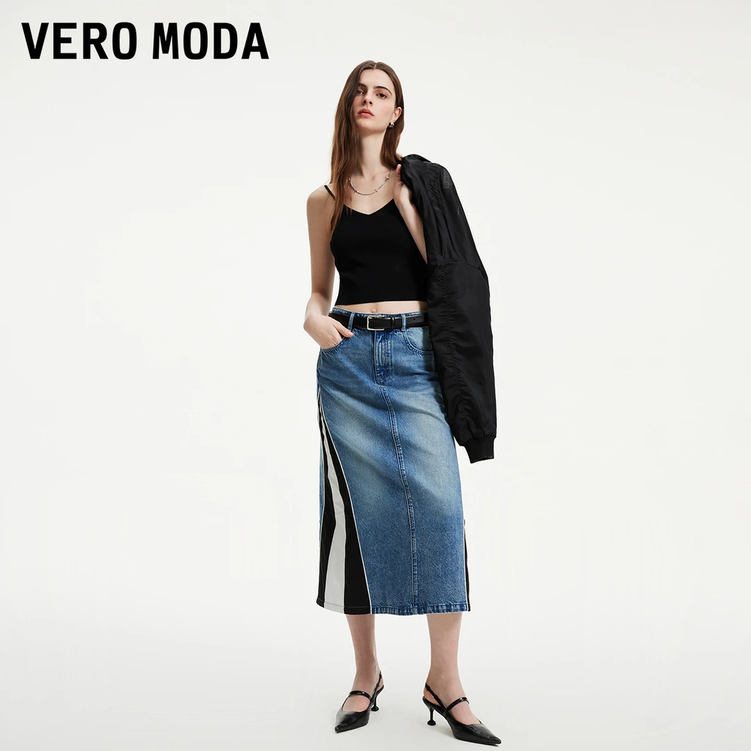 【柒柒专属】Vero Moda半身裙牛仔拼接直筒中长裙高腰324237017