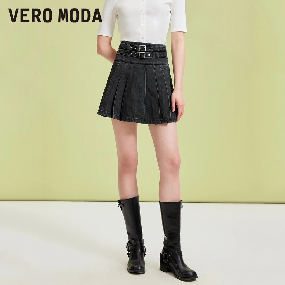 1135【金拐子专属】Vero Moda半身裙女牛仔双腰带百褶裙324137026