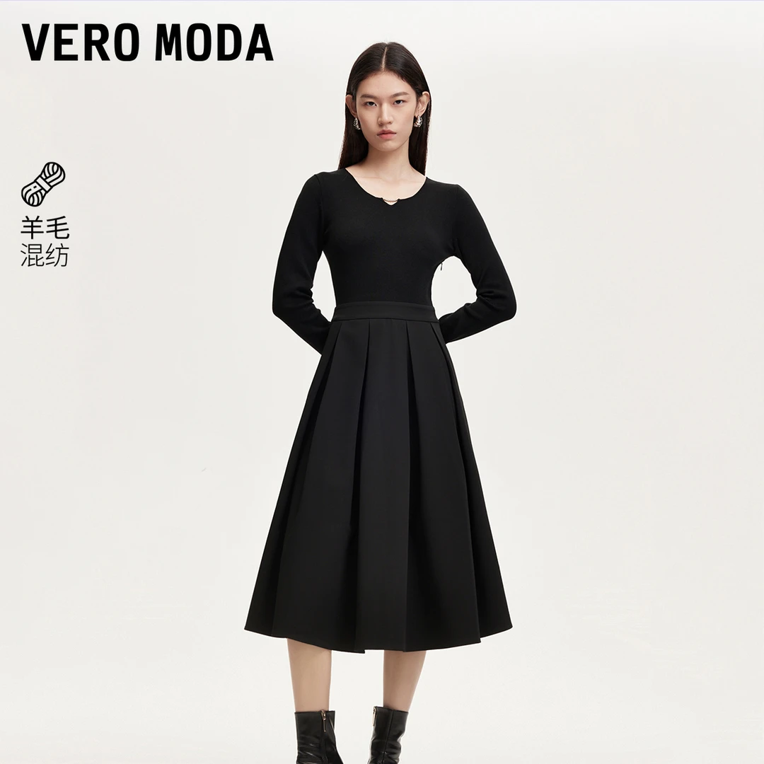 【达人专属】Vero Moda连衣裙针织拼接百褶裙小黑裙优雅324346030