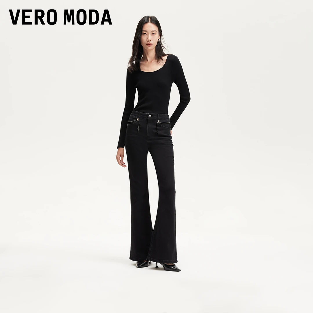 Vero Moda牛仔裤小众洋气女装黑色微喇修身设计感链条325132014