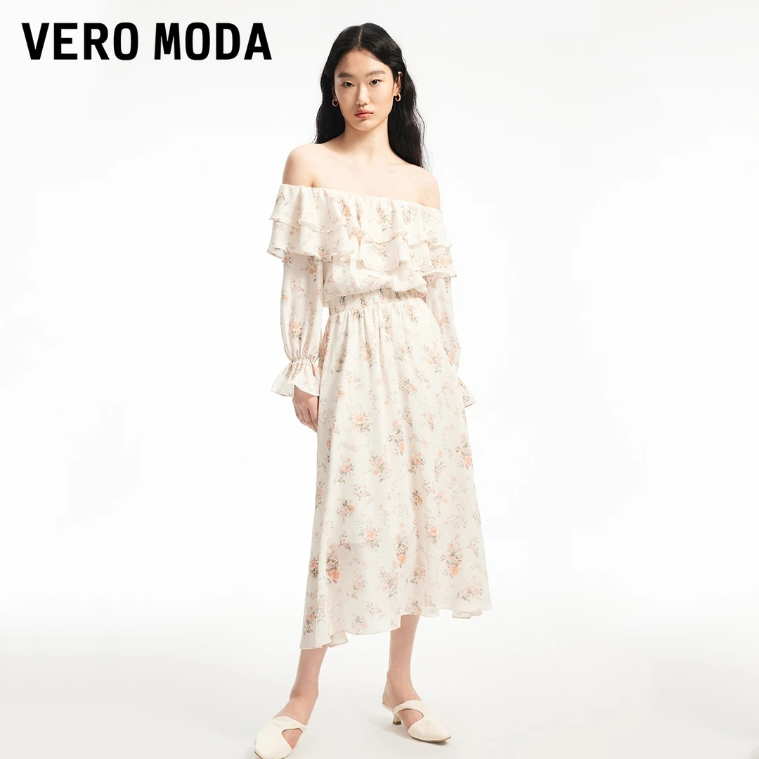 【达人专属】 Vero Moda连衣裙花朵荷叶边一字肩裙子32427D003