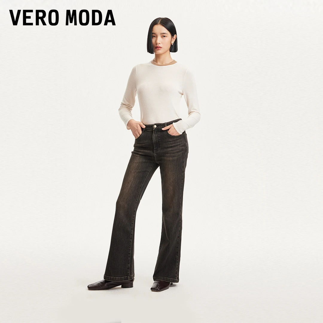 【达人推荐】Vero Moda雅丹风牛仔裤做旧磨白九分微喇裤324449001