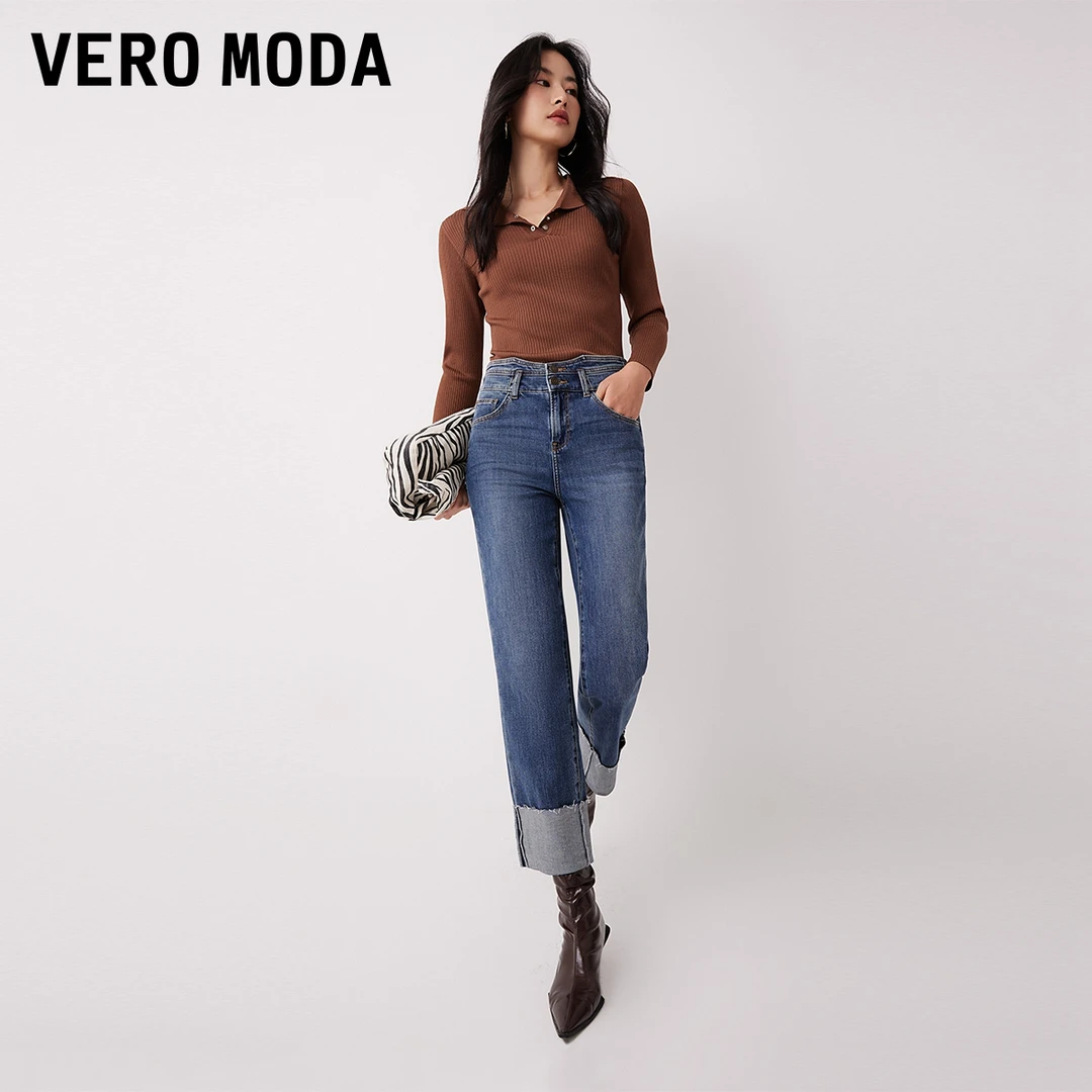 Vero Moda2024新款设计感牛仔裤高腰直筒九分裤卷边设计324149054