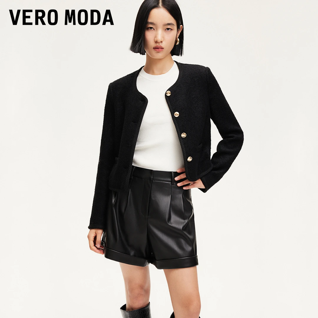 【达人专属】Vero Moda短裤PU高腰压褶阔腿裤百搭324315010