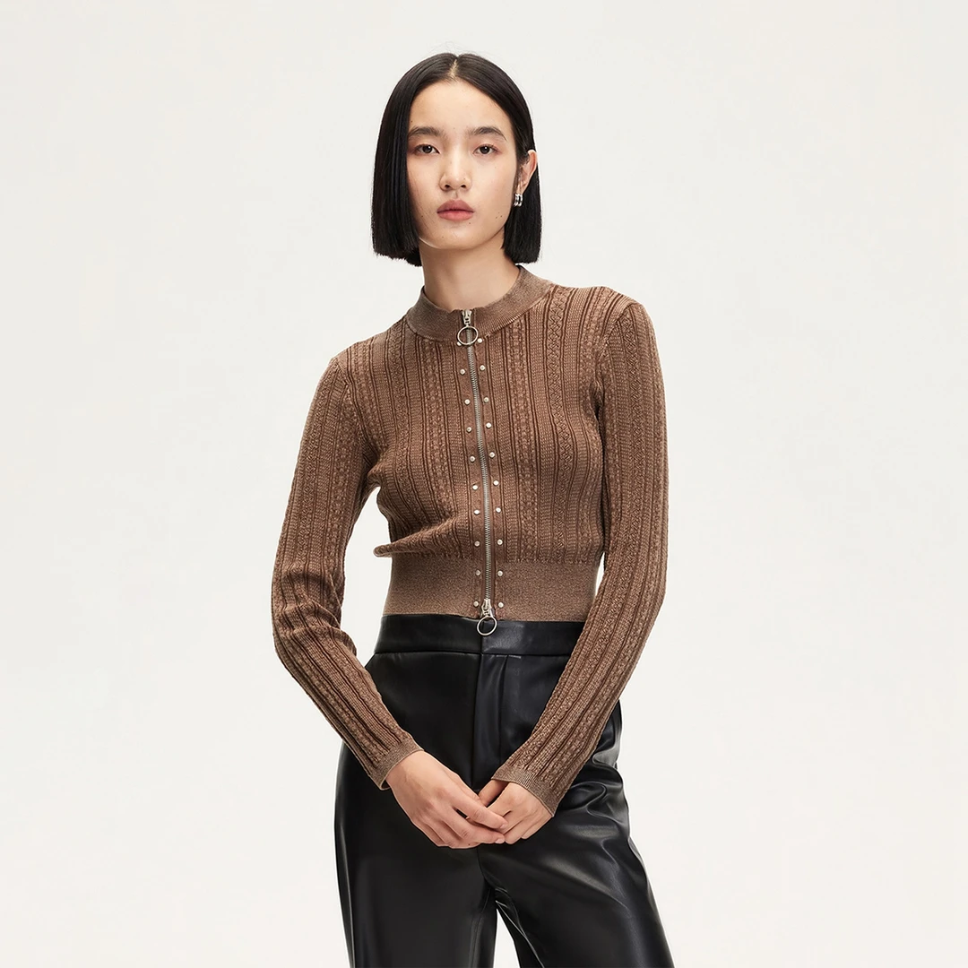 Vero Moda针织衫女新款铆钉双拉链做旧修身百搭老钱风324424010