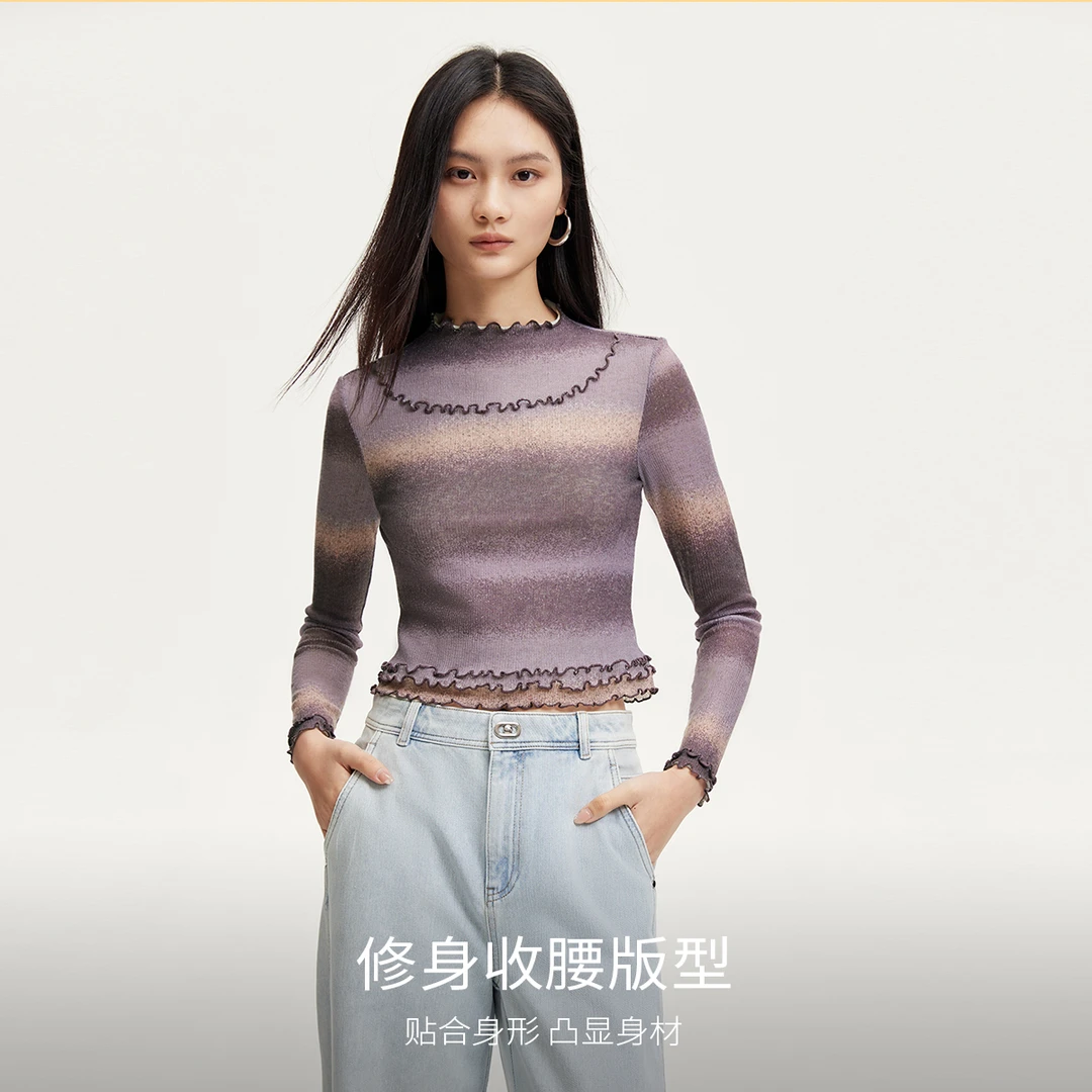 Vero Moda欧若风 T恤女长袖短款木耳边渐变扎染百搭洋气324302034