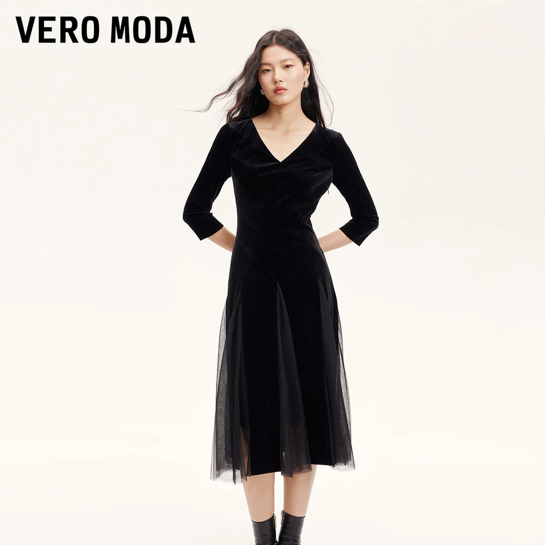 【丽公主专属】Vero Moda连衣裙拼接网纱小黑裙优雅32437C028