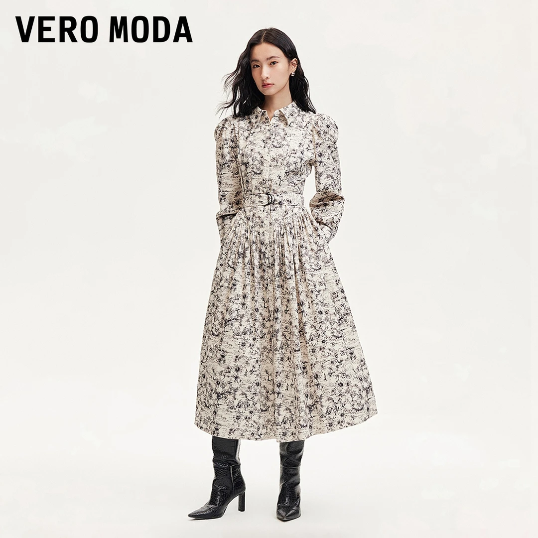 Vero Moda氧气裙新款连衣裙复古满印泡泡袖长款百搭洋气32447D002