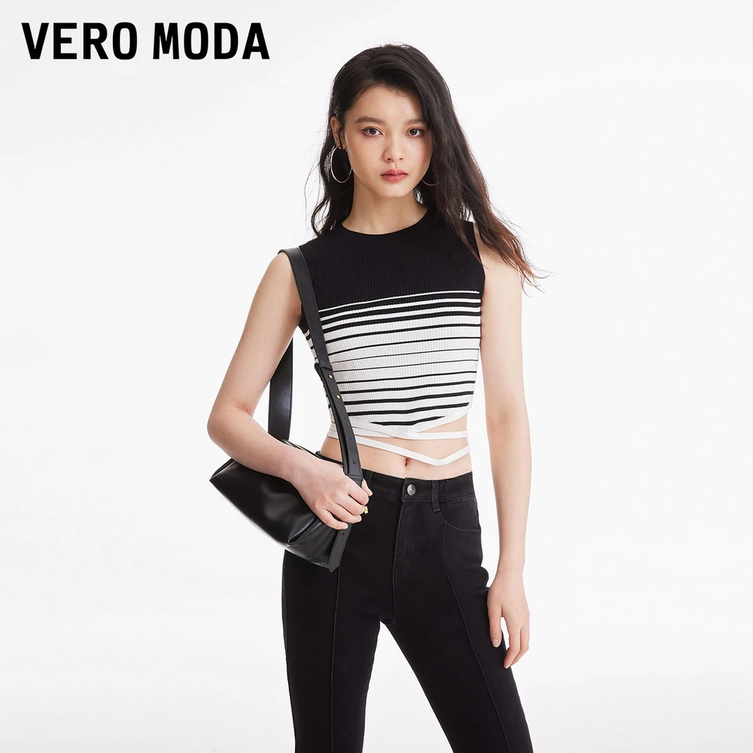 1112【金拐子专属】Vero Moda针织衫春条纹黑白无袖带休闲324124012
