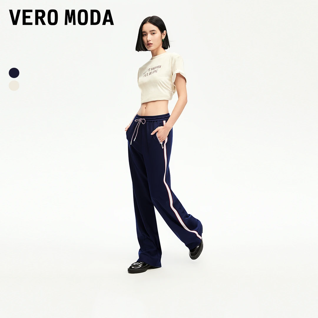 Vero Moda2024新款设计感休闲裤女撞色直筒抽绳休闲长裤3243PL018