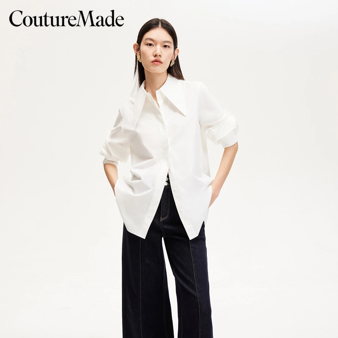 Couture Made衬衫小众洋气女装纯色尖领时尚百搭流光风325105003