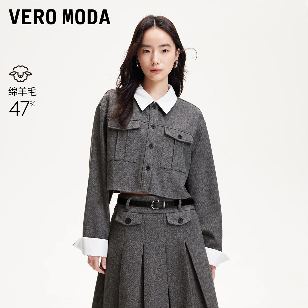 Vero Moda衬衫洋气女装含羊毛撞色外套百搭千金清冷感325105008
