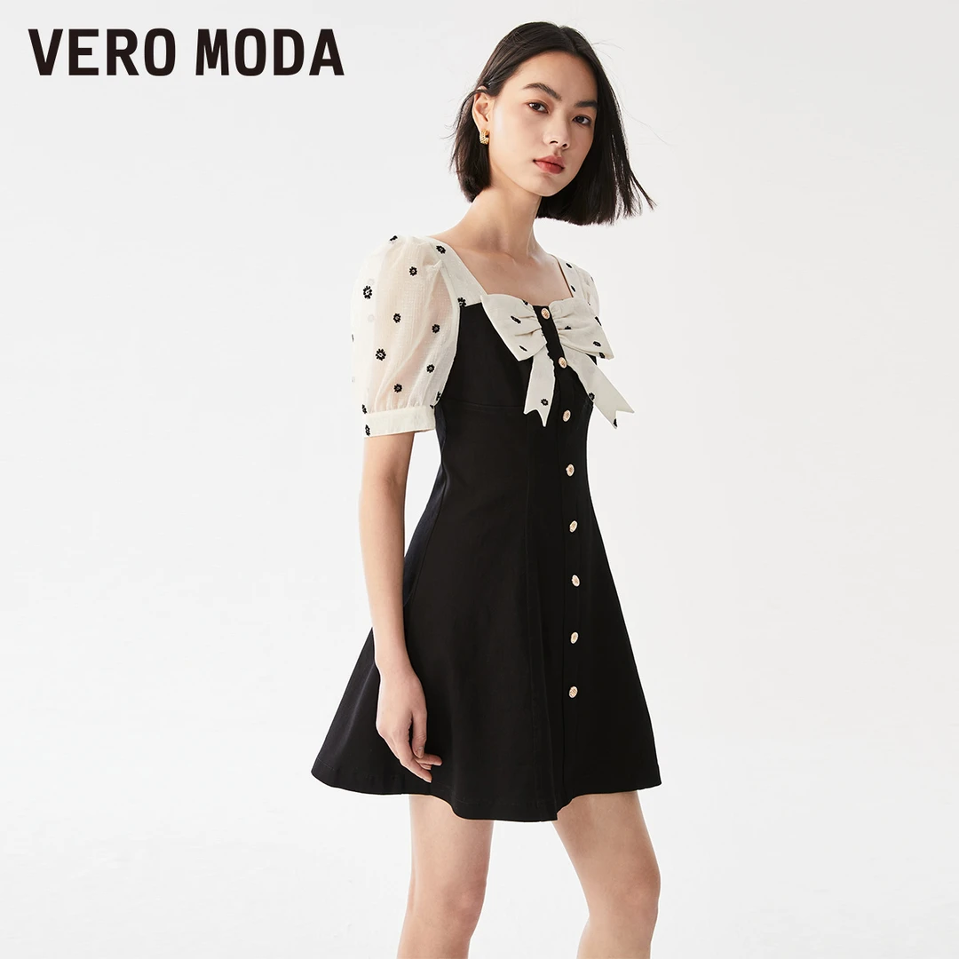 Vero Moda2024新款连衣裙气质甜美优雅方领收腰蝴蝶结323342003