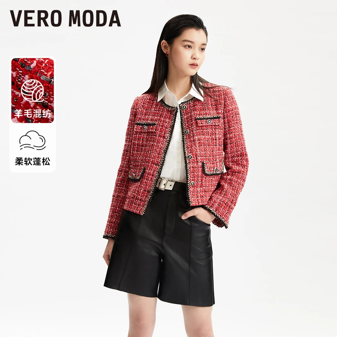 Vero Moda2024新款设计感外套粗花呢个性长袖夹克小香风323448002