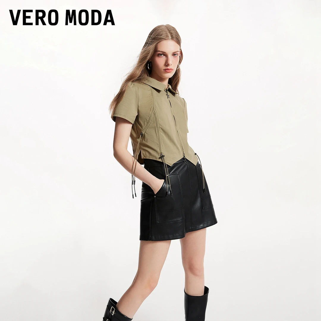 【达人专属】Vero ModaT恤女金属装饰抽绳翻领短袖上衣324301019