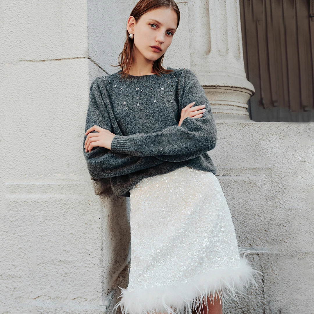 Vero Moda欧若风半身裙女亮片羽毛装饰半身裙女百搭洋气324416007